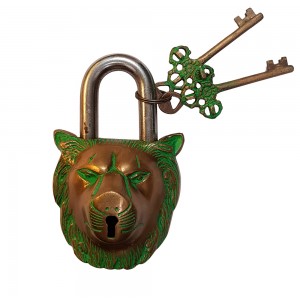 Cadeado Decorativo de Leão c/ Detalhes Verdes e Chaves em Metal Bronze 8,5x14 cm